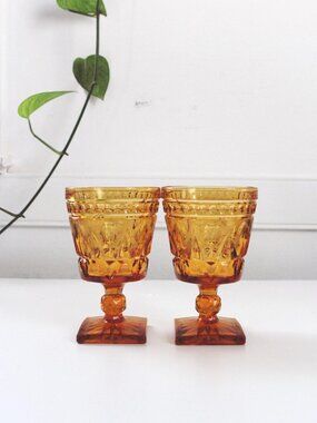 Amber Glass Goblets Park Lane Wine Glasses Set of 2 Vintage Mid Century